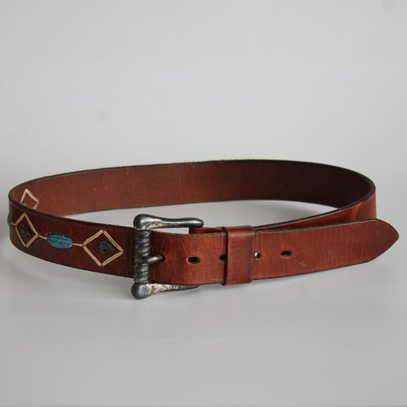 SOLD / 1990s Vintage Turquoise Stone Italian Leather Belt ~ 34" - Picture 3 of 7